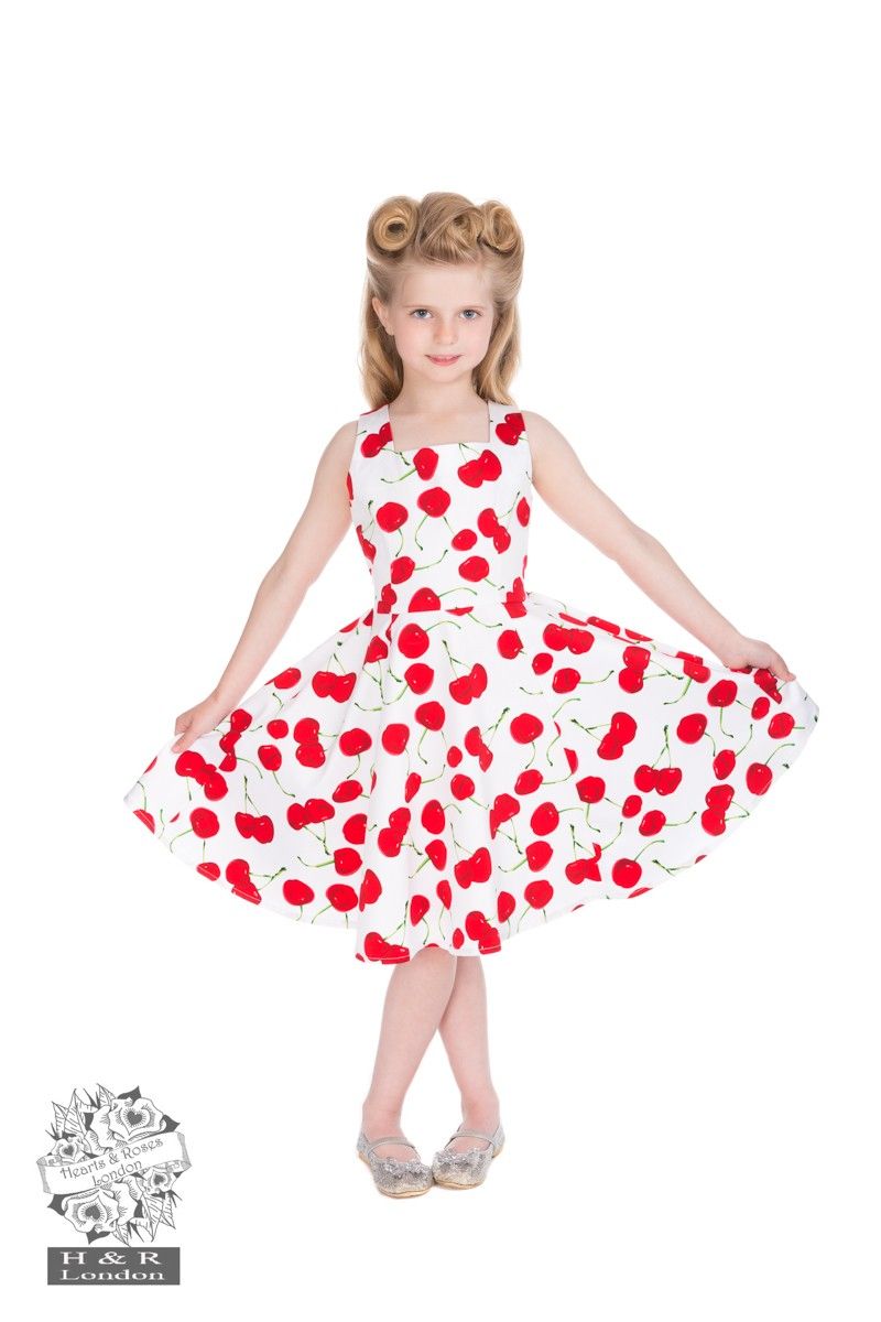 White Bombshell Cherry Swing Dress Size 3-12 year Kr 350